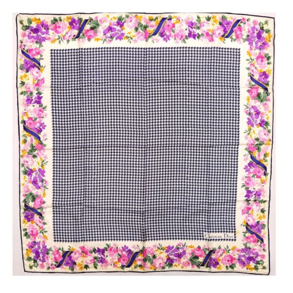1019-Khăn lụa vuông-Christian Dior houndstooth and floral scarf-Khá mới0
