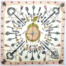 1043-Khăn lụa-HERMES Les Cles key pattern pink edging scarf-Gần như mới