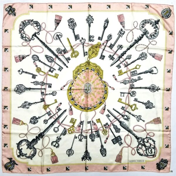 1043-Khăn lụa-HERMES Les Cles key pattern pink edging scarf-Gần như mới0