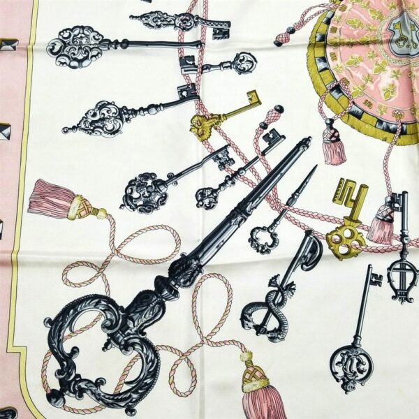 1043-Khăn lụa-HERMES Les Cles key pattern pink edging scarf-Gần như mới4