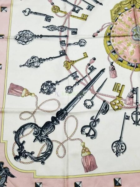 1043-Khăn lụa-HERMES Les Cles key pattern pink edging scarf2