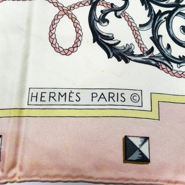 1043-Khăn lụa-HERMES Les Cles key pattern pink edging scarf-Gần như mới7