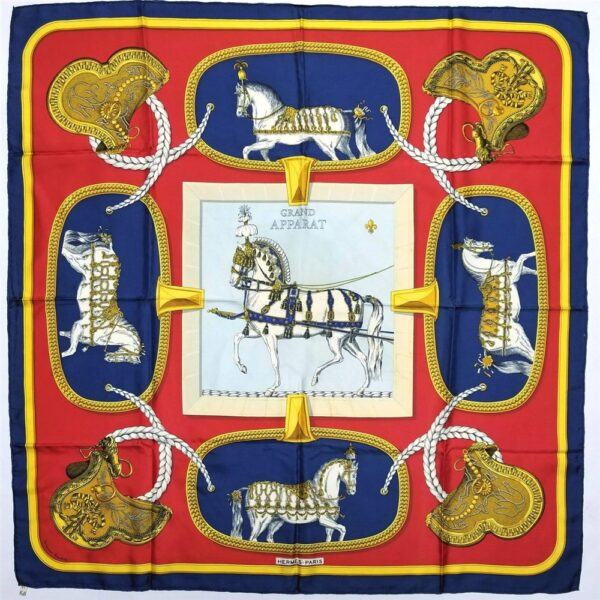 1045-Khăn lụa-HERMES Grand Apparat scarf-Khá mới0