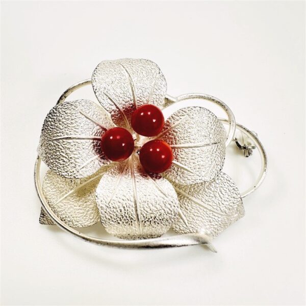 0955-Ghim cài áo-Silver & red coral flower brooch-Như mới2