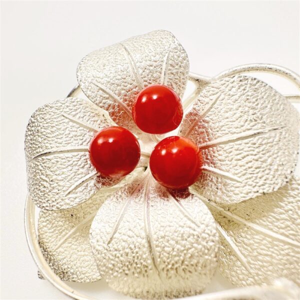 0955-Ghim cài áo-Silver & red coral flower brooch-Như mới3