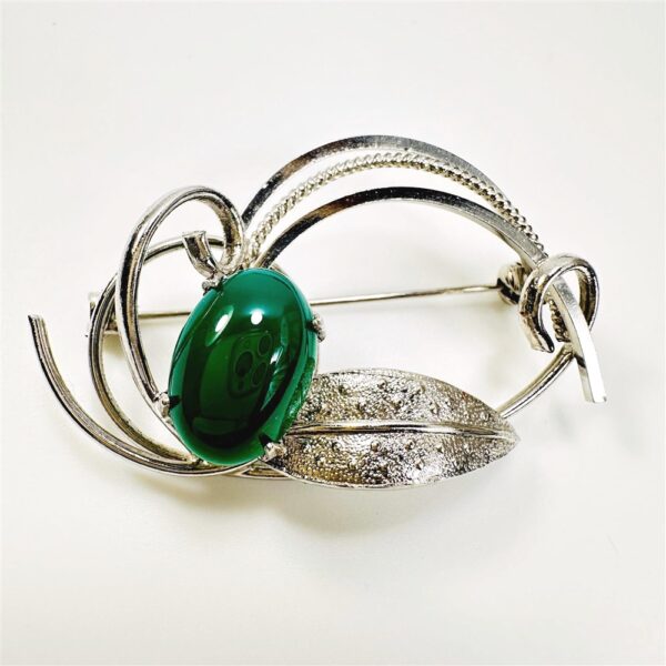 0975-Ghim cài áo-Silver plated & green chalcedony gemstone brooch-Khá mới2