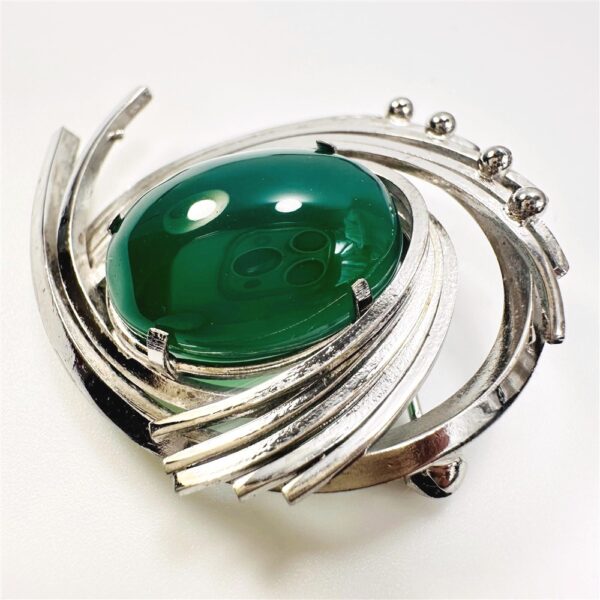 0981-Ghim cài áo-Silver plated & green chalcedony gemstone brooch-Khá mới3
