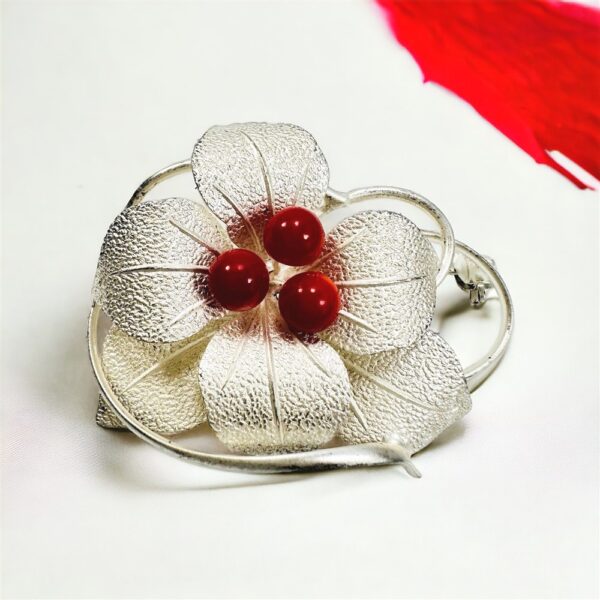 0955-Ghim cài áo-Silver & red coral flower brooch-Như mới0