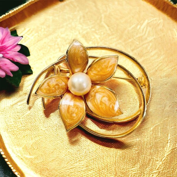 0958-Ghim cài áo-Gold plated & pearl flower brooch-Khá mới0