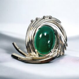 0981-Ghim cài áo-Silver plated & green chalcedony gemstone brooch-Khá mới