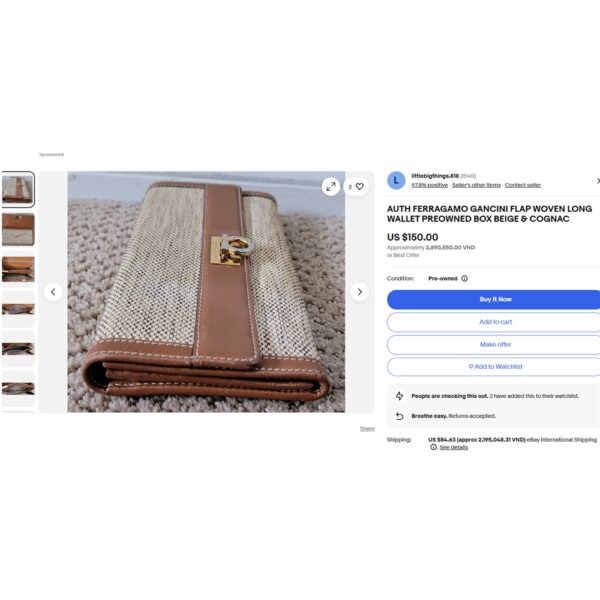 1693-Ví dài nữ-SALVATORE FERRAGAMO leather & cloth long wallet-Đã sử dụng20