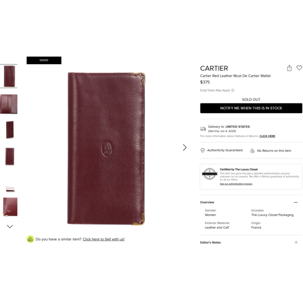 5254-Ví dài nữ/nam-CARTIER Burgundy Leather Bifold Long Wallet-Đã sử dụng9