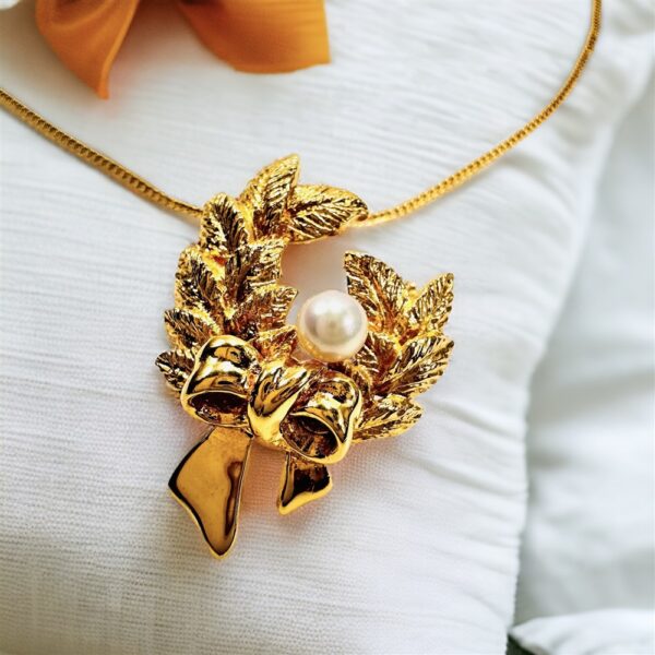 0837-Dây chuyền nữ/Ghim cài áo-Gold plated silver 925 & pearl Laurel Wreath necklace-Như mới0