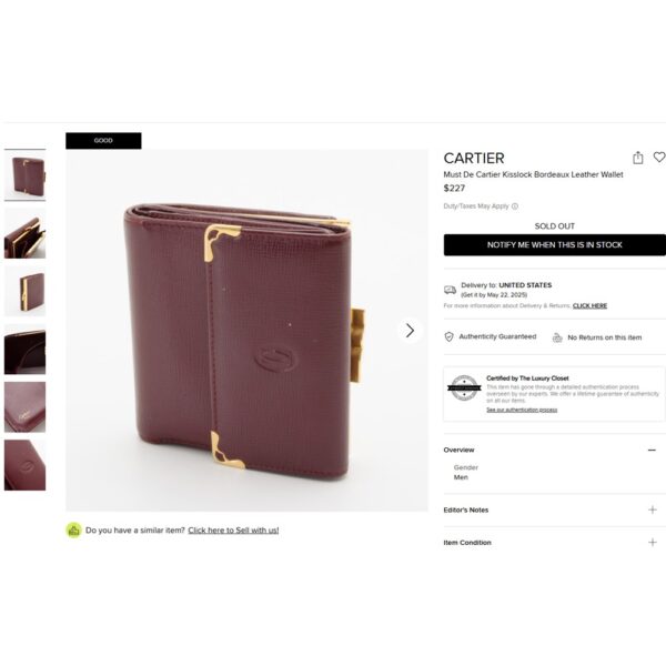 5261-Ví nam/nữ-CARTIER bordeaux must line tri-fold leather wallet-Đã sử dụng12