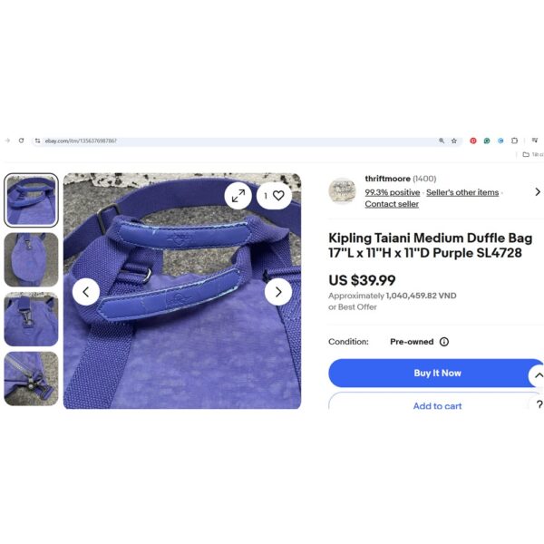 5358-Túi thể thao/xách tay/đeo vai-KIPLING Sapphire Blue Duffle Bag-Khá mới14