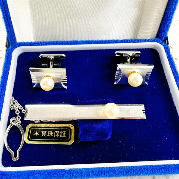 2245-Japan G.Silver and Pearl Cufflinks & Tie Clip-Khuy Măng sét & Kẹp cà vạt-Khá mới1