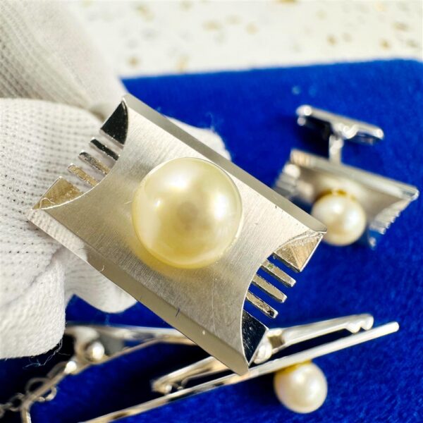 2245-Japan G.Silver and Pearl Cufflinks & Tie Clip-Khuy Măng sét & Kẹp cà vạt-Khá mới4