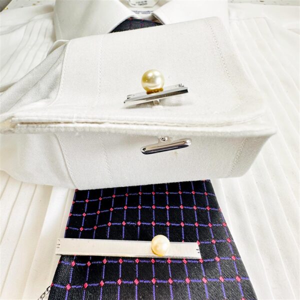 2245-Japan G.Silver and Pearl Cufflinks & Tie Clip-Khuy Măng sét & Kẹp cà vạt-Khá mới9