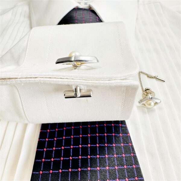 2238-Silver & Pearl Japan Cufflinks & Tie Pin-Khuy Măng sét & Cài cà vạt/áo vest-Khá mới6