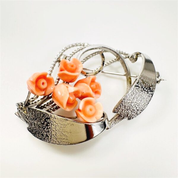 2349-Ghim cài áo-Silver color & orange coral flower carved brooch-Khá mới2