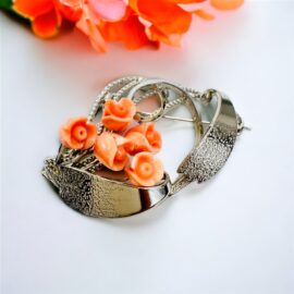 2349-Ghim cài áo-Silver color & orange coral flower carved brooch-Khá mới