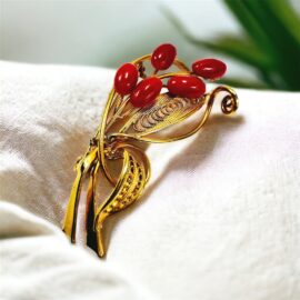 2384-Ghim cài áo-Gold color & red coral flower brooch-Đã sử dụng